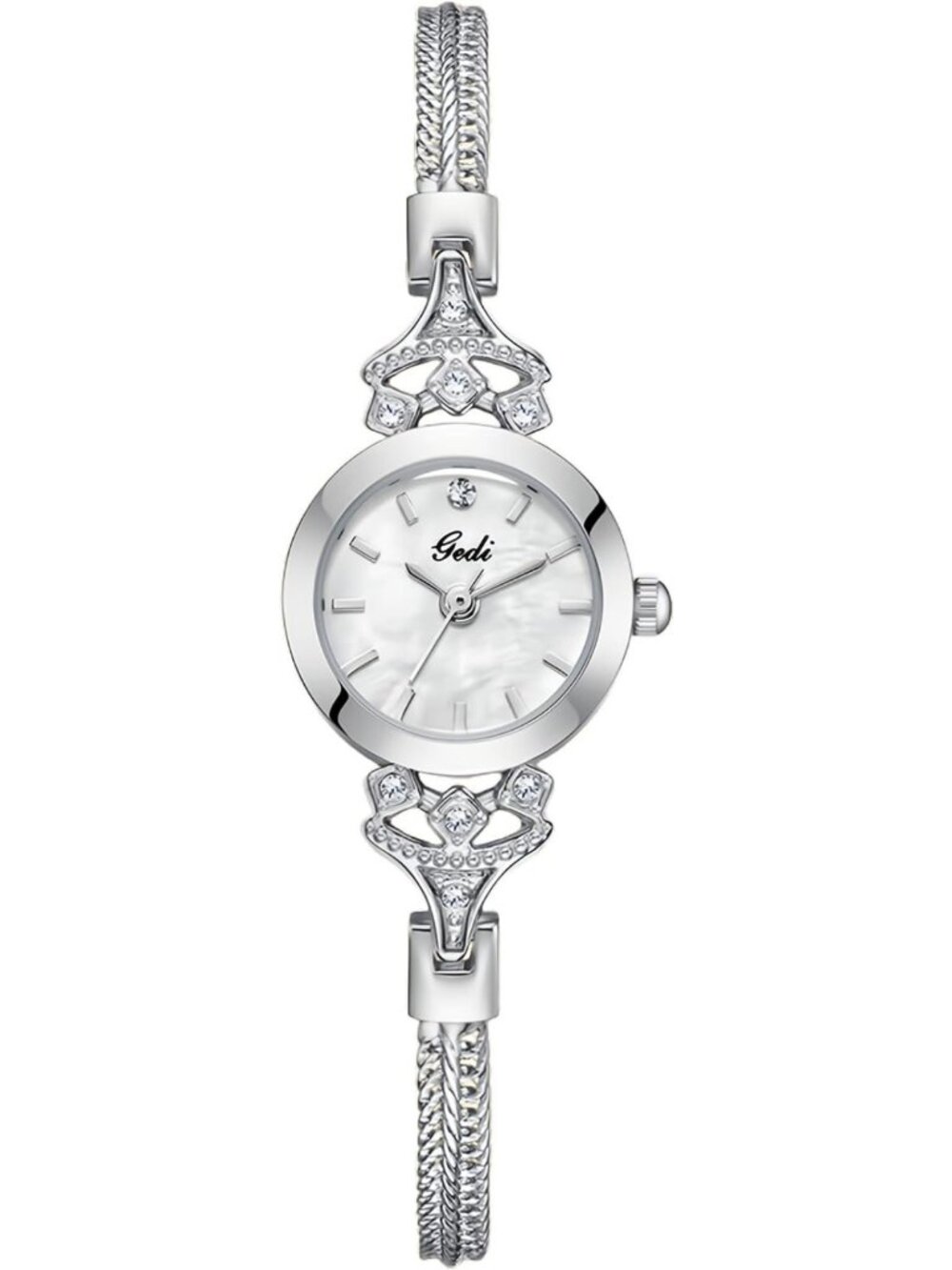 Elegant Rhinestone Pearl Dial Quartz Watch - Lightweight Alloy Steel Mesh Strap
